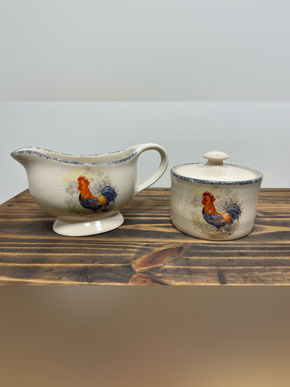 Cream Rooster Stoneware Gravy Boat & Butter Box - Farmhouse Style